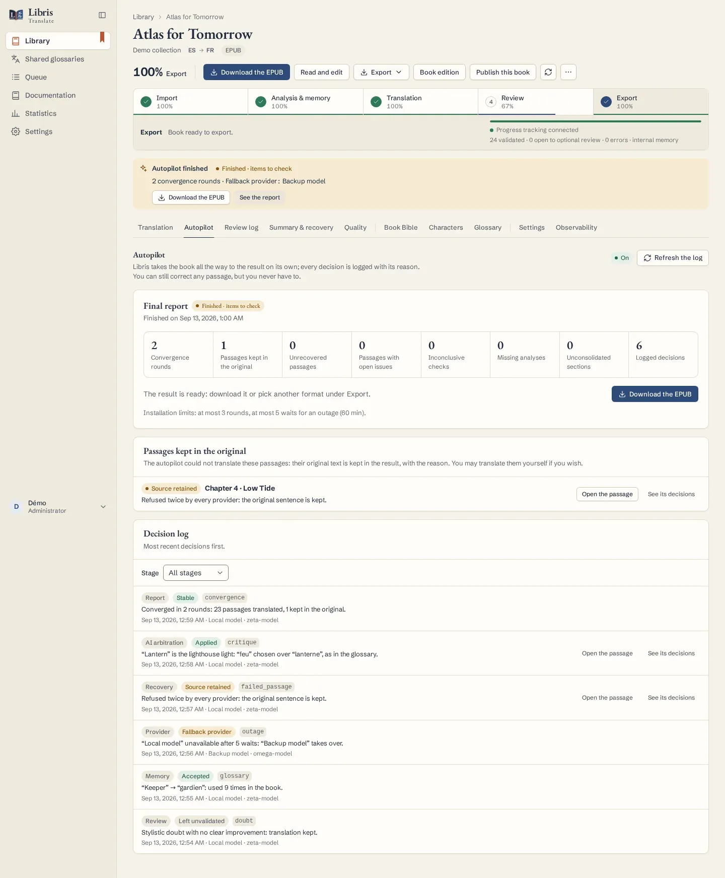 Rapport du pilote automatique de Libris avec le journal des décisions