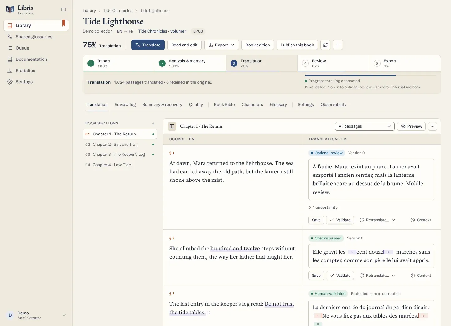 Éditeur de Libris : texte source en anglais et traduction française côte à côte, passage par passage