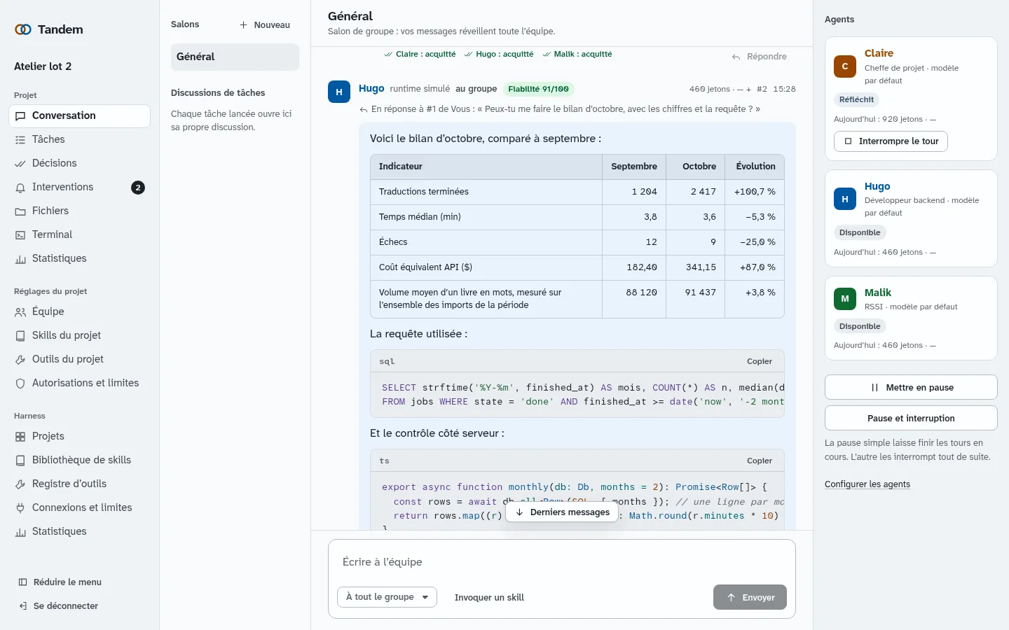 Conversation d’équipe dans Tandem : un agent répond avec un tableau et une requête SQL